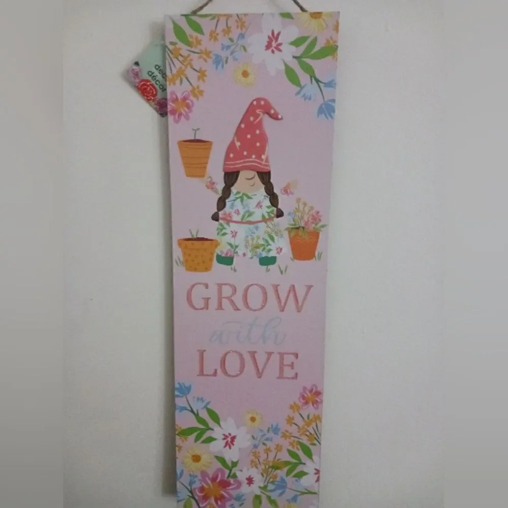 Grow with Love Pink Gnome Floral Door/Wall Sign Spring Ready.